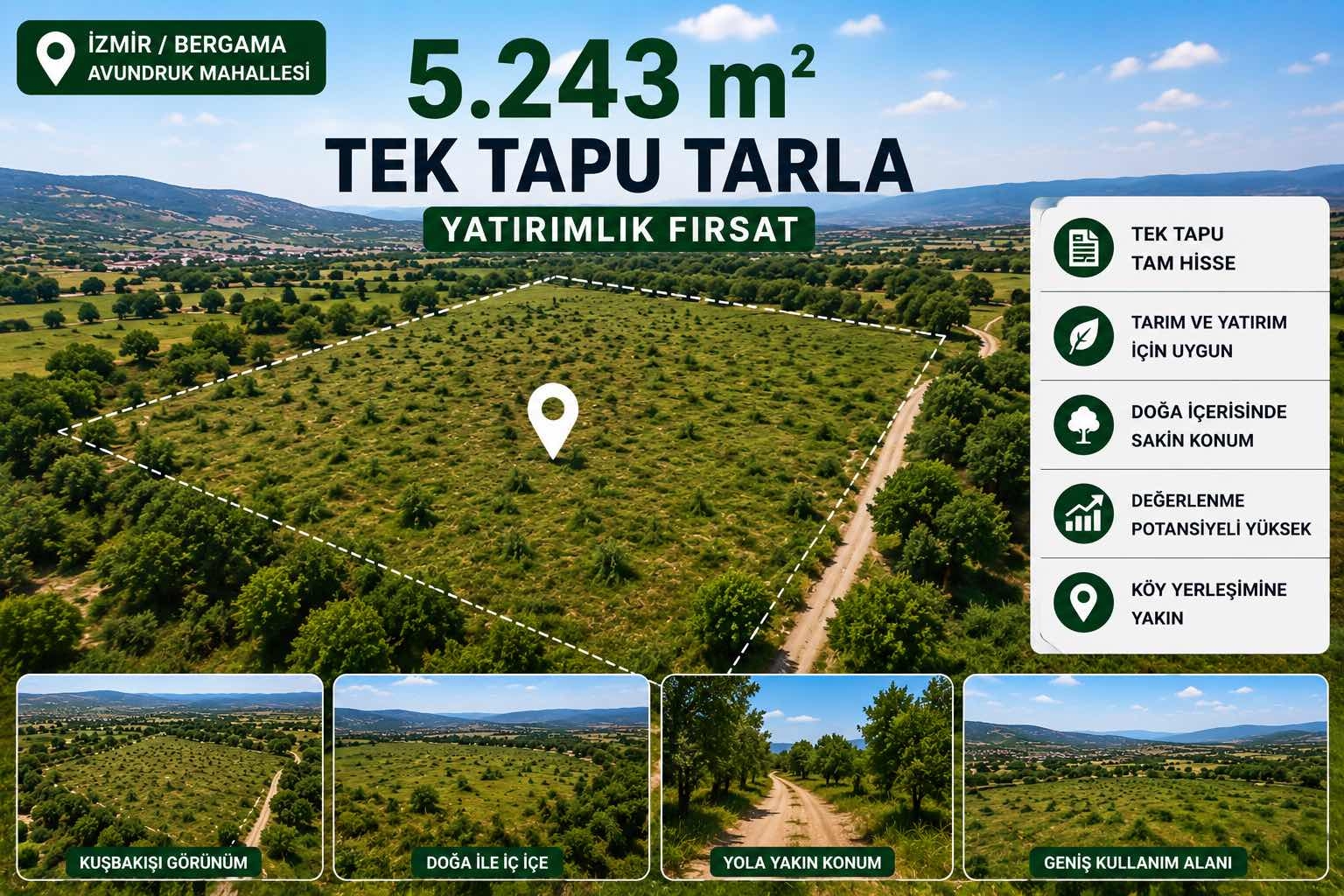 Bergama Avundrukta 5.243 m² Tek Tapu Yatırımlık Tarla