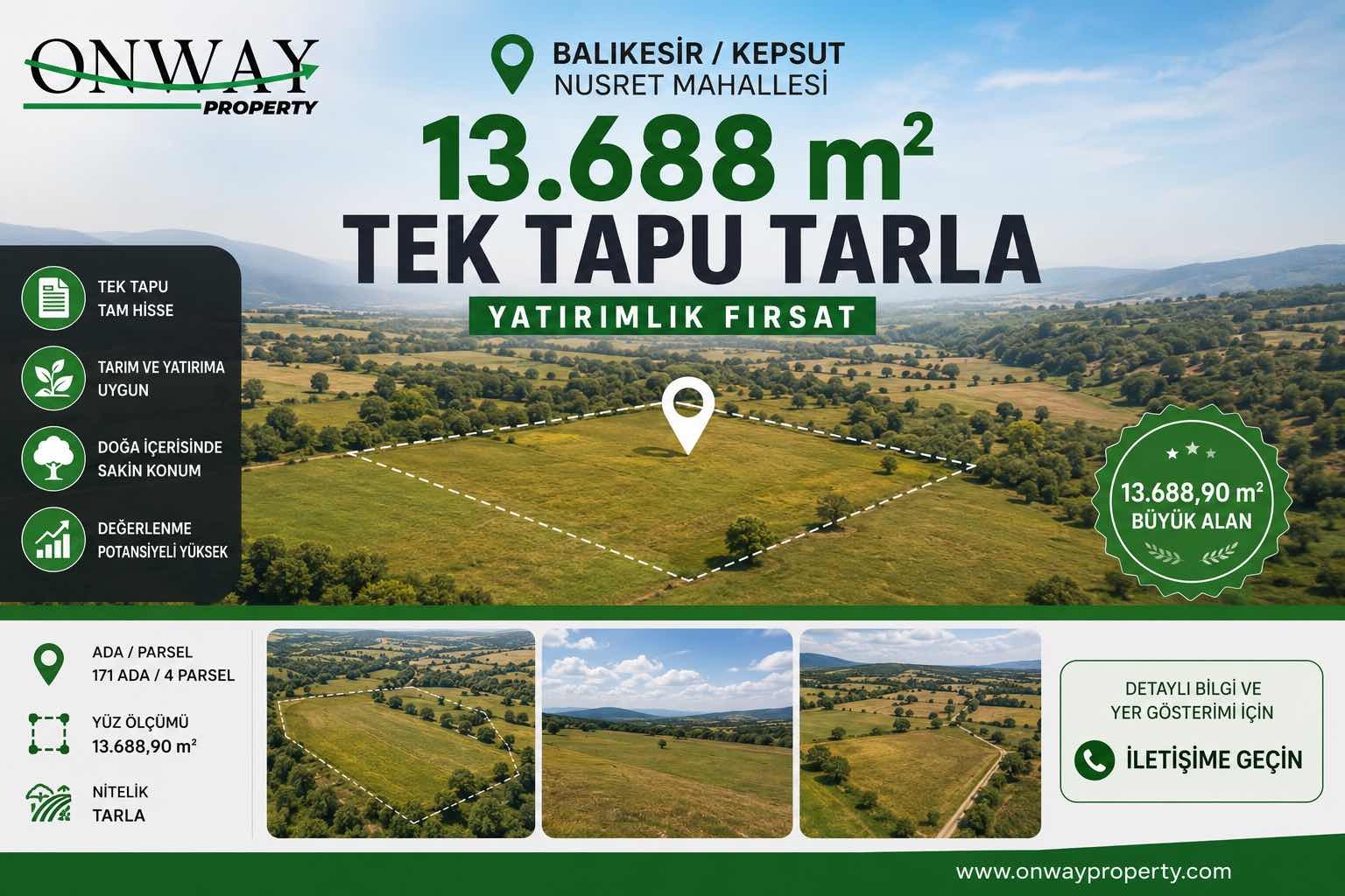 Balıkesir Kepsutta 13.688 m² Tek Tapu Yatırımlık Tarla